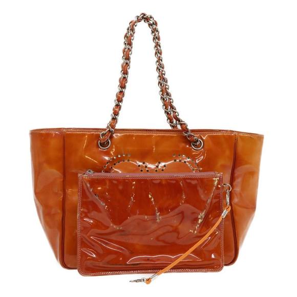 CHANEL Triple Coco Punching Tote Bag Enamel Orange CC Auth jk1312 - Picture 1 of 16